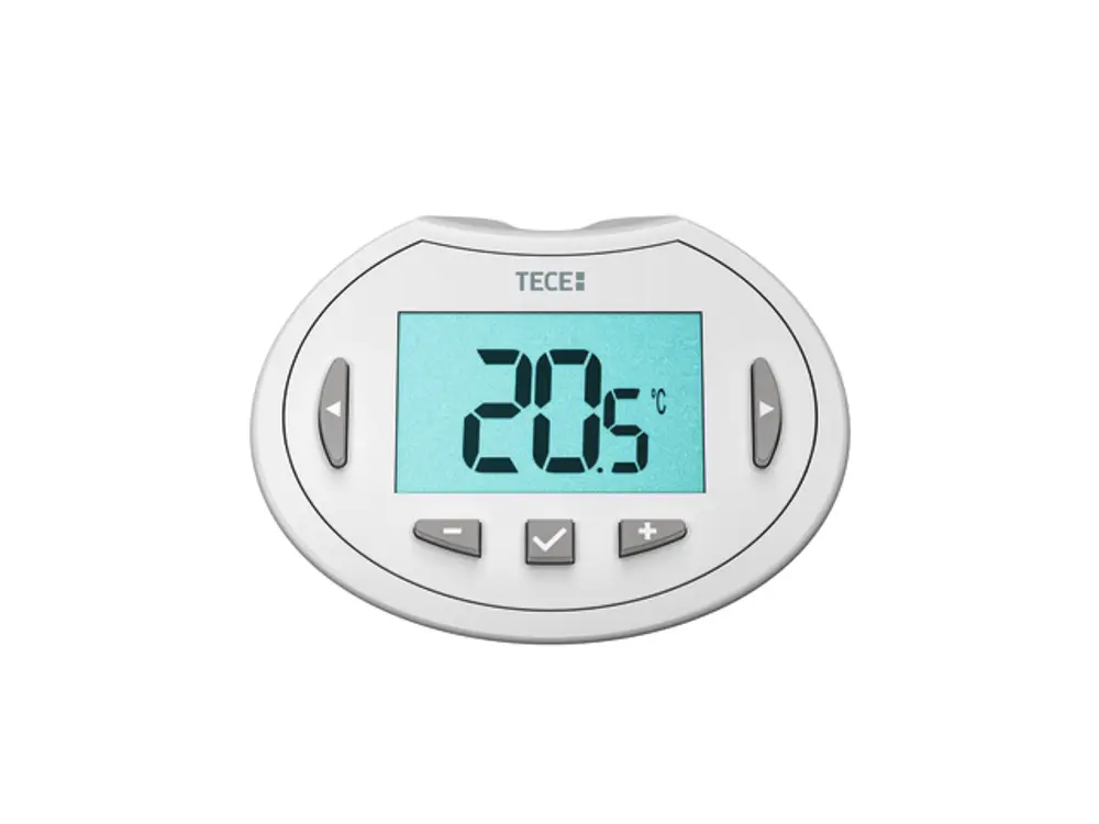 Digitale Heizkörpersteuerung von TECE mit Anzeige von 20,6 °C. Einfache Tasten für Temperaturjustierung und Bestätigung. Kompakte Bauform, geeignet für die Wandmontage.